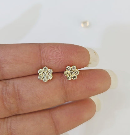 10k Yellow gold Flower Earrings Real Diamond screw - back Women Men studs - GoldenlinQ