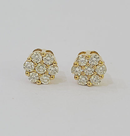 10k Yellow gold Flower Earrings Real Diamond screw - back Women Men studs - Reva Jeweler