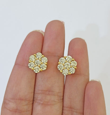 10k Yellow gold Flower Earrings Real Diamond screw - back Women Men studs - Reva Jeweler