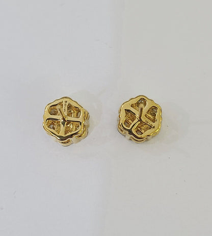 10k Yellow gold Flower Earrings Real Diamond screw - back Women Men studs - Reva Jeweler