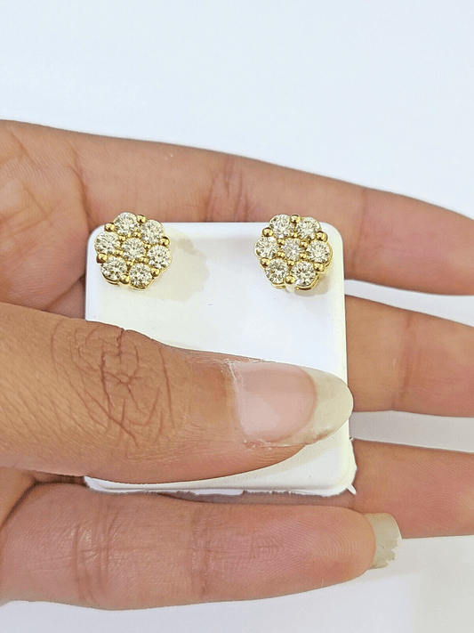 10k Yellow gold Flower Earrings with Real 1.52CT diamond screw - bag ,Women studs - Reva Jeweler