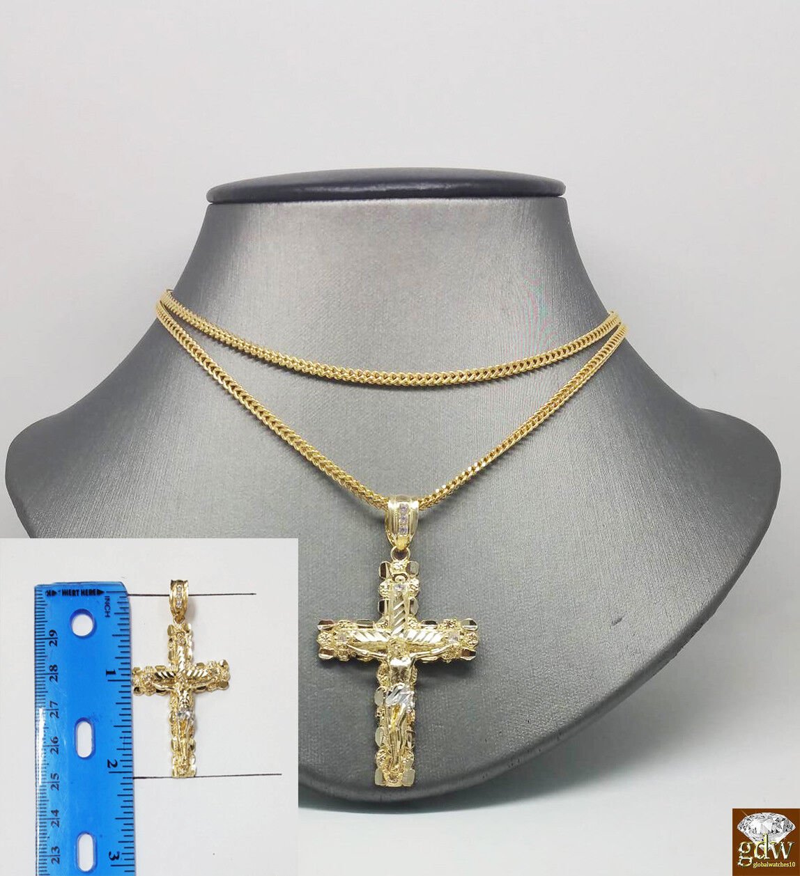 10k Yellow Gold Franco Chain Necklace Cross pendant charm 22" 24" 26" - Reva Jeweler