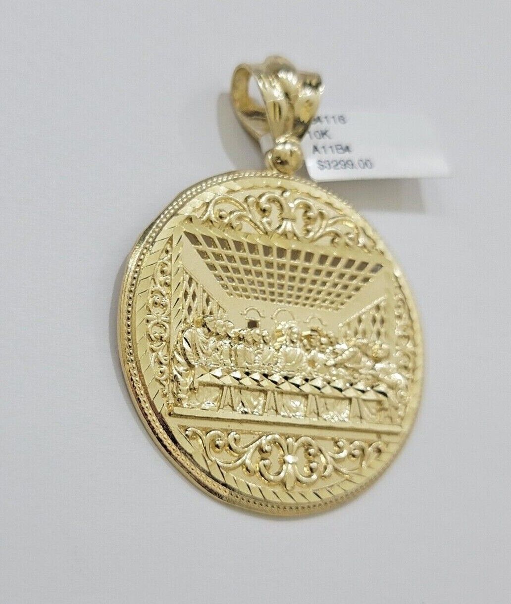 10k Yellow Gold Franco Chain Necklace Last Supper Charm Pendant 3mm 18" - 26" Inch - Reva Jeweler