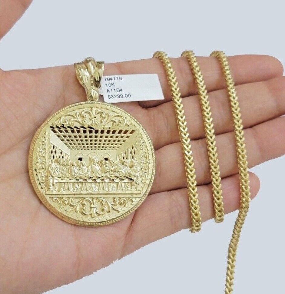 10k Yellow Gold Franco Chain Necklace Last Supper Charm Pendant 3mm 18" - 26" Inch - Reva Jeweler