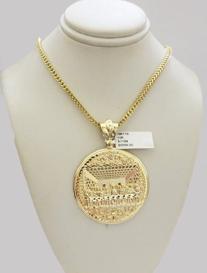 10k Yellow Gold Franco Chain Necklace Last Supper Charm Pendant 3mm 18" - 26" Inch - Reva Jeweler