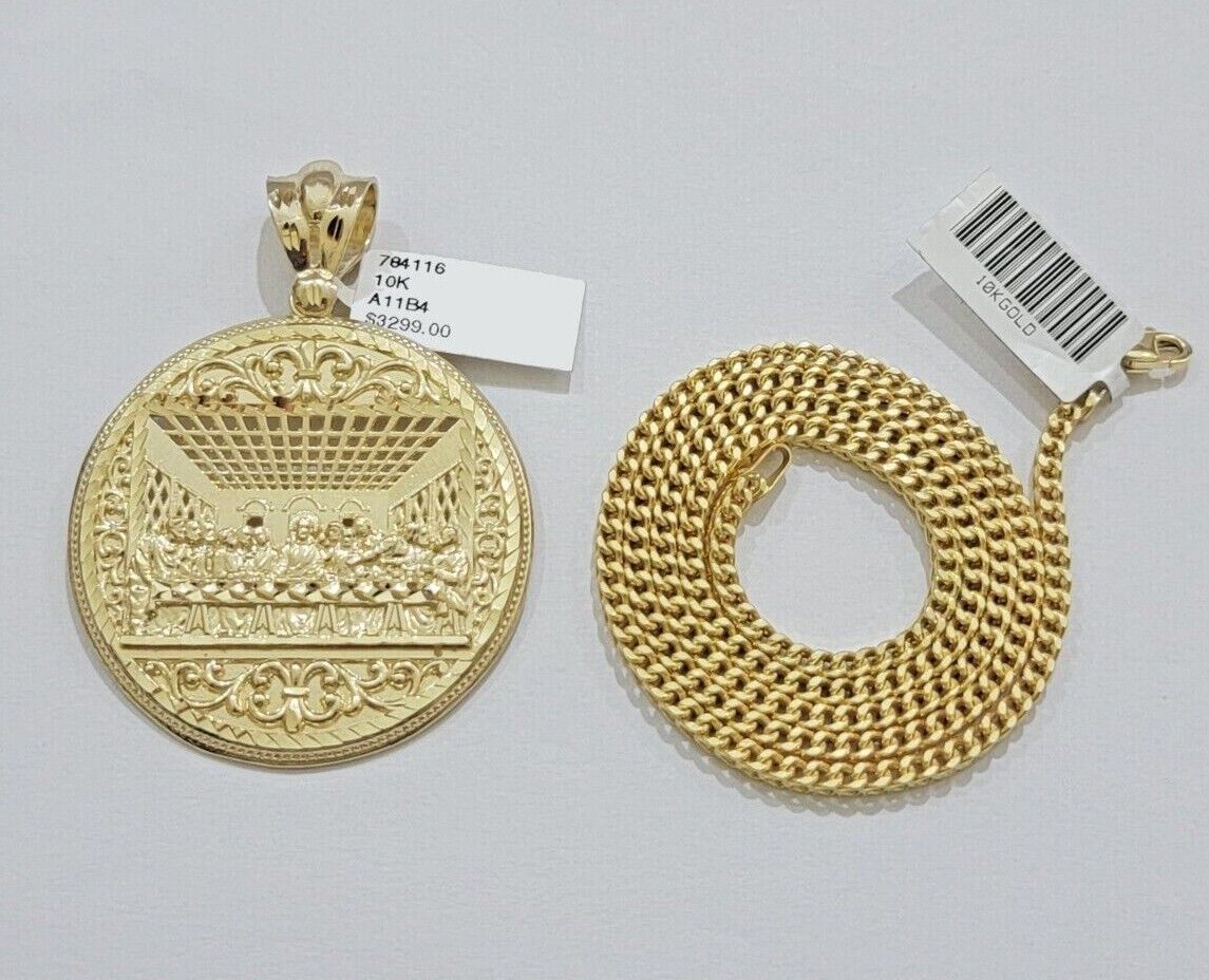 10k Yellow Gold Franco Chain Necklace Last Supper Charm Pendant 3mm 20"Inch 10kt - Reva Jeweler