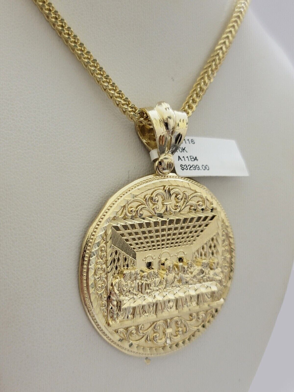 10k Yellow Gold Franco Chain Necklace Last Supper Charm Pendant 3mm 20"Inch 10kt - Reva Jeweler