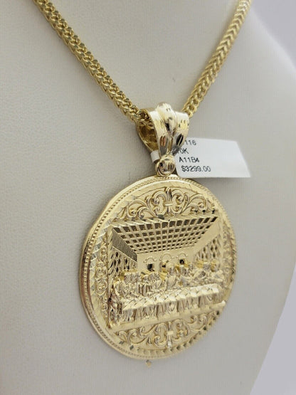 10k Yellow Gold Franco Chain Necklace Last Supper Charm Pendant 3mm 20"Inch 10kt - Reva Jeweler