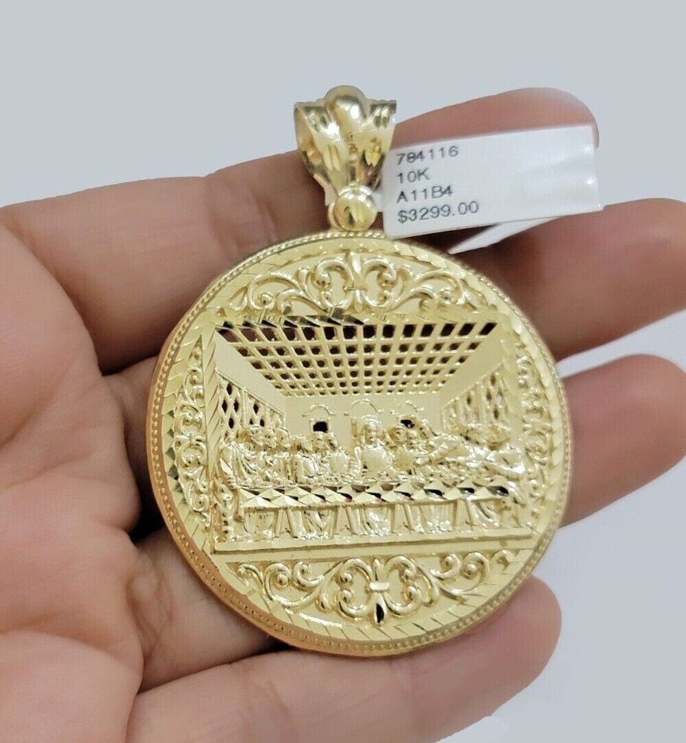10k Yellow Gold Franco Chain Necklace Last Supper Charm Pendant 3mm 20"Inch 10kt - Reva Jeweler
