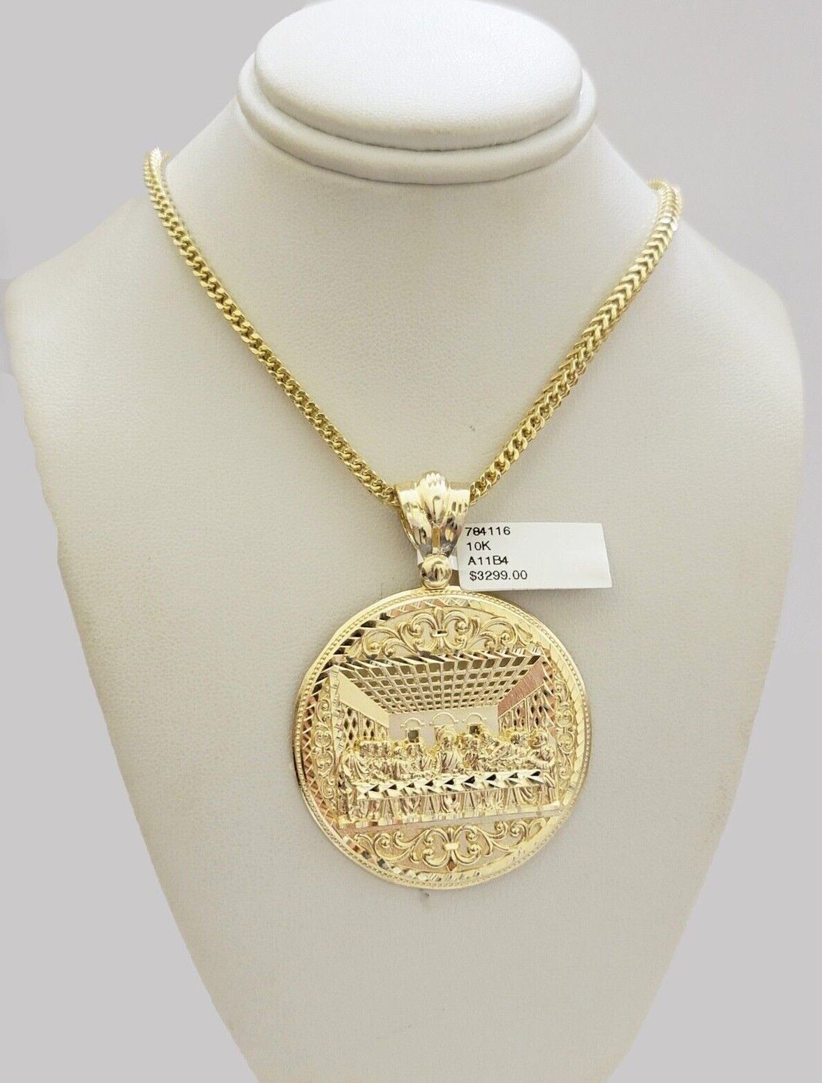 10k Yellow Gold Franco Chain Necklace Last Supper Charm Pendant 3mm 20"Inch 10kt - Reva Jeweler