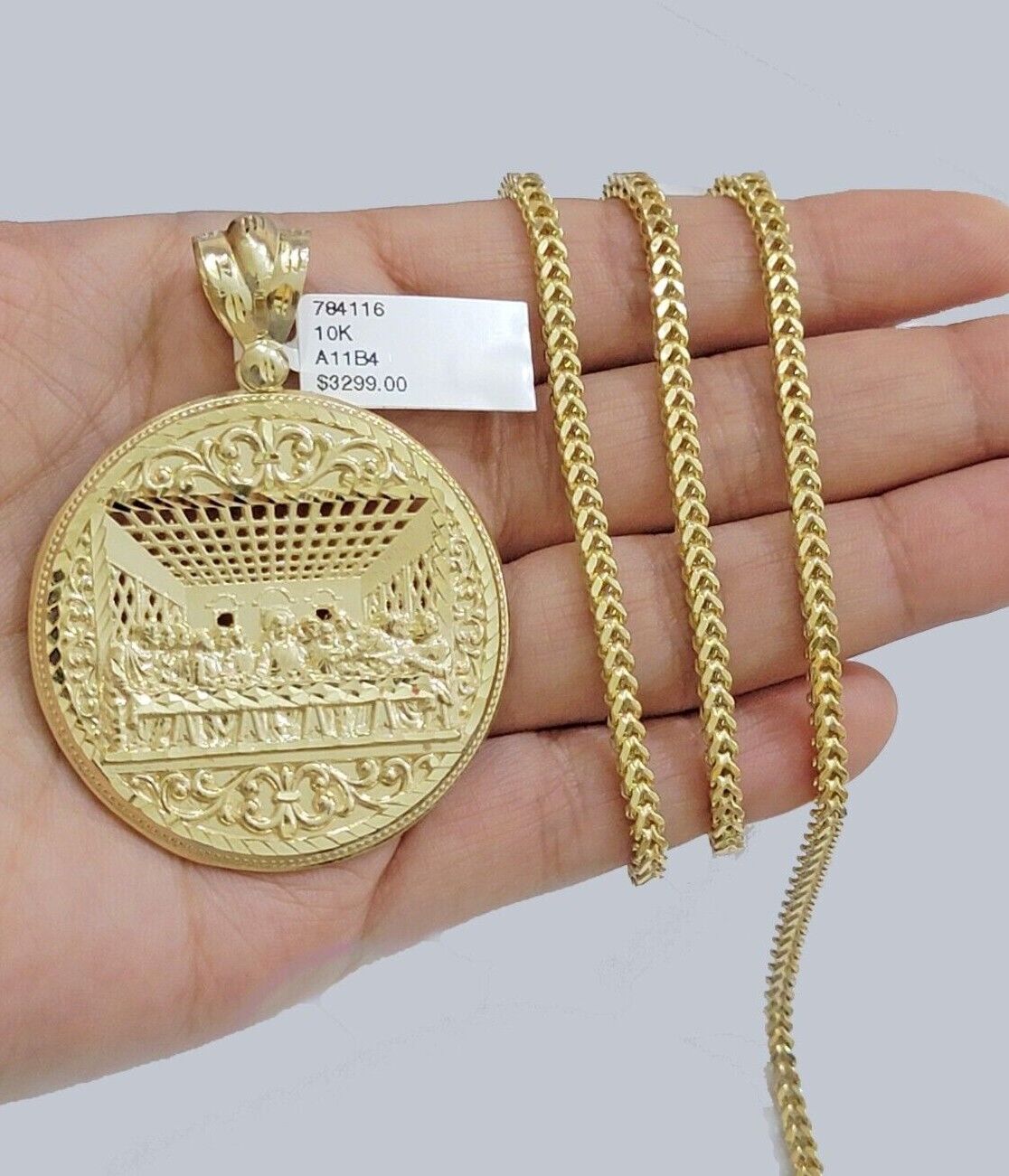 10k Yellow Gold Franco Chain Necklace Last Supper Charm Pendant 3mm 20"Inch 10kt - Reva Jeweler