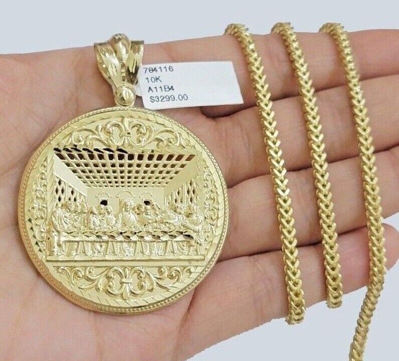 10k Yellow Gold Franco Chain Necklace Last Supper Charm Pendant 3mm 22"Inch SALE - Reva Jeweler
