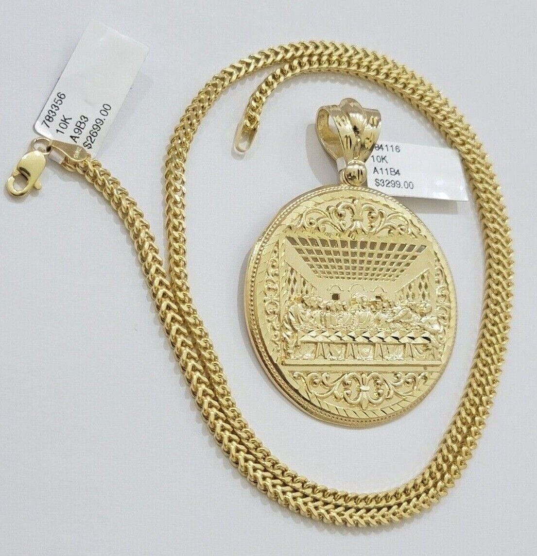 10k Yellow Gold Franco Chain Necklace Last Supper Charm Pendant 3mm 24"Inch 10kt - Reva Jeweler