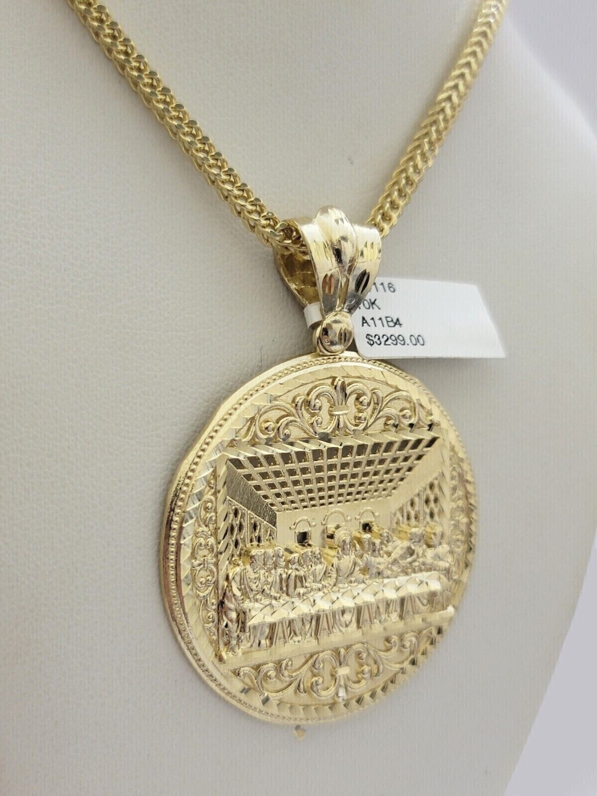 10k Yellow Gold Franco Chain Necklace Last Supper Charm Pendant 3mm 24"Inch 10kt - Reva Jeweler