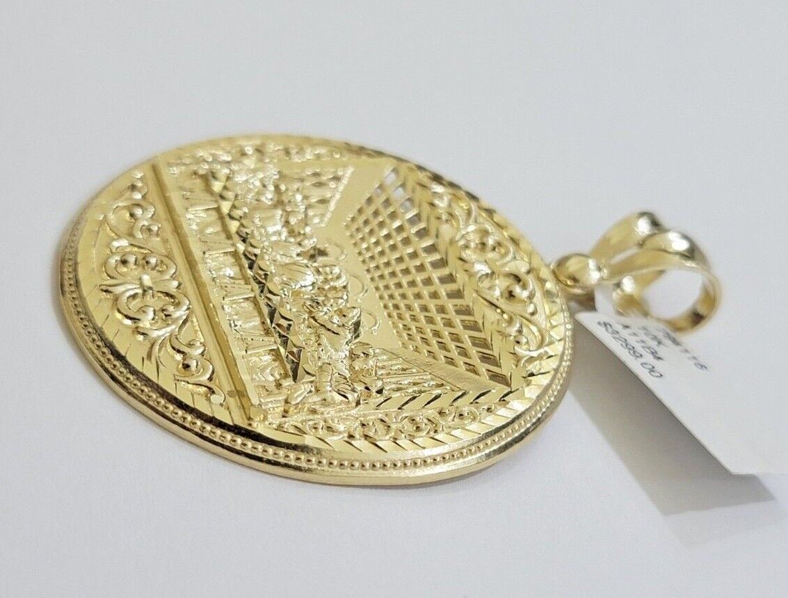 10k Yellow Gold Franco Chain Necklace Last Supper Charm Pendant 3mm 24"Inch 10kt - Reva Jeweler