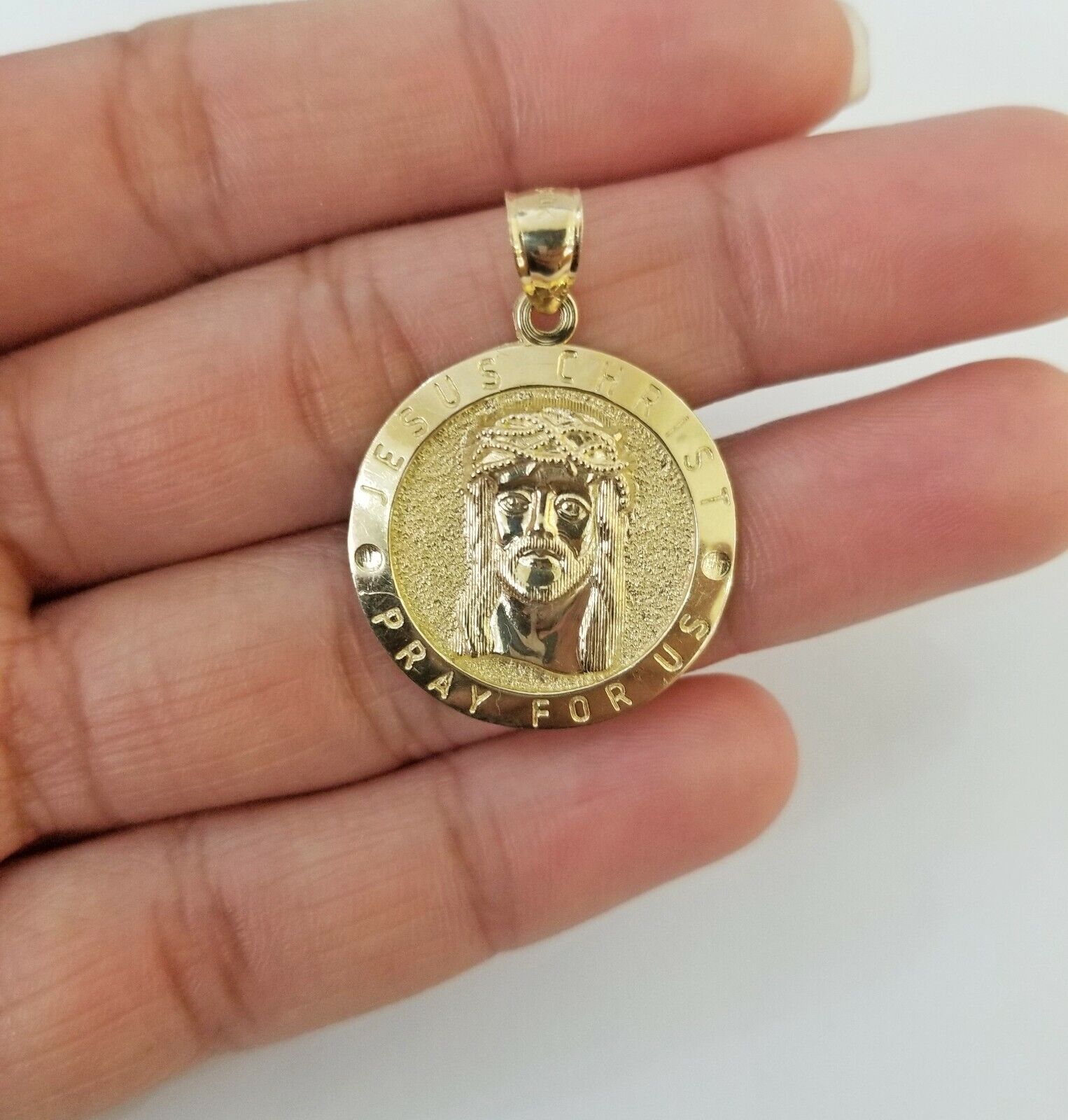 10k Yellow Gold Jesus Christ Charm Pendant Round 1.2" 10kt Real Gold Men Women - Reva Jeweler