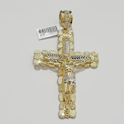 10k Yellow Gold Jesus Cross Charm pendant 4" Inch Mens With Stone, Real 10kt for Sale - Reva Jeweler