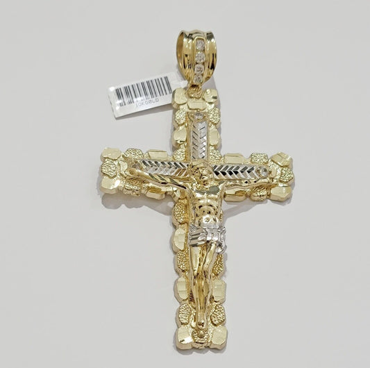 10k Yellow Gold Jesus Cross Charm pendant 4" Inch Mens With Stone, Real 10kt for Sale - Reva Jeweler