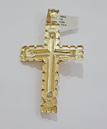 10k Yellow Gold Jesus Cross Charm pendant 4" Inch Mens With Stone, Real 10kt for Sale - Reva Jeweler