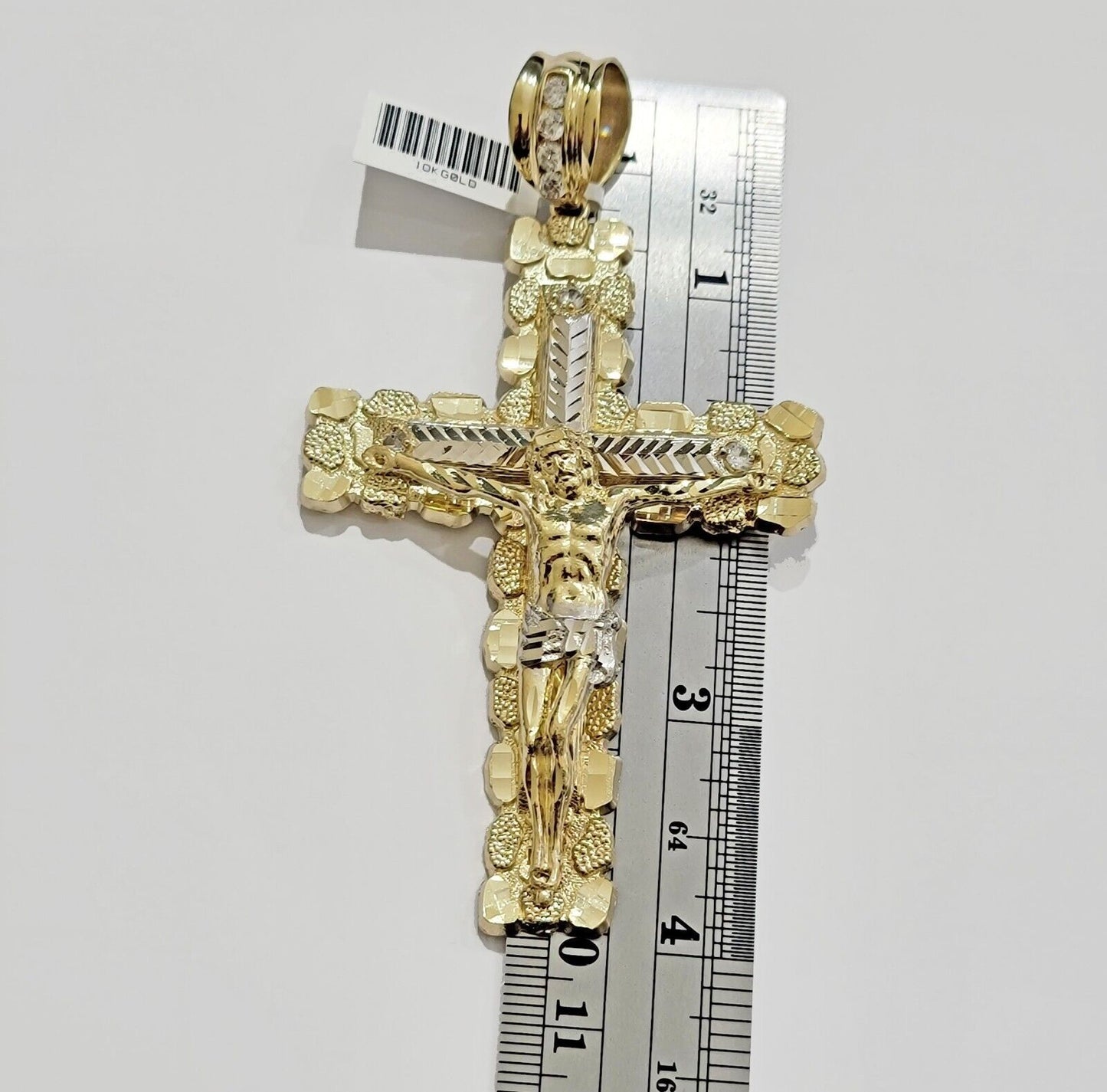 10k Yellow Gold Jesus Cross Charm pendant 4" Inch Mens With Stone, Real 10kt for Sale - Reva Jeweler