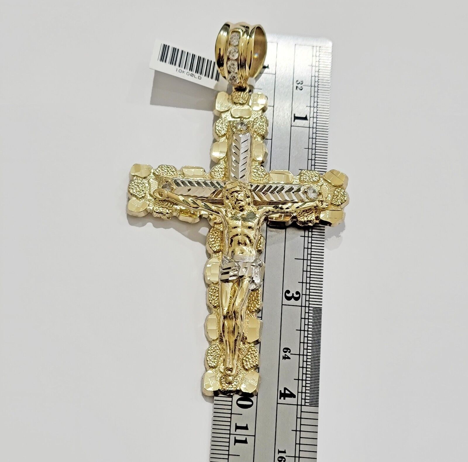 10k Yellow Gold Jesus Cross Charm pendant 4" Inch Mens With Stone, Real 10kt for Sale - Reva Jeweler