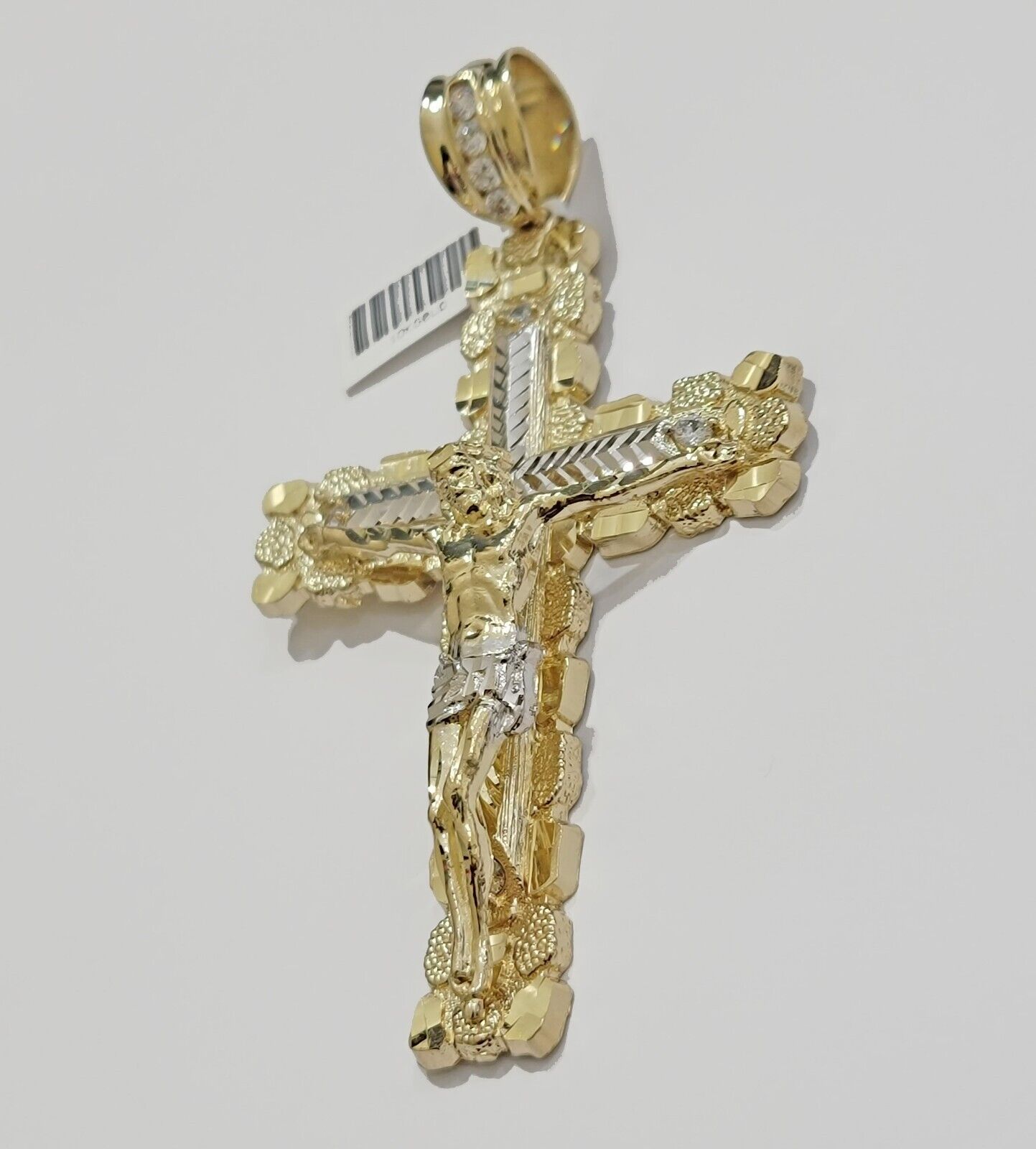 10k Yellow Gold Jesus Cross Charm pendant 4" Inch Mens With Stone, Real 10kt for Sale - Reva Jeweler