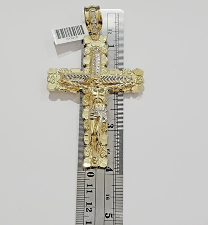 10k Yellow Gold Jesus Cross Charm pendant 4" Inch Mens With Stone, Real 10kt for Sale - Reva Jeweler