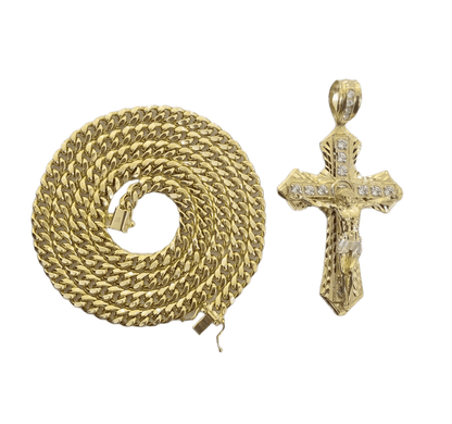 10K Yellow Gold Jesus Cross Pendent 5mm 20" 22"24"26"28" Inch Miami Cuban Chain - Reva Jeweler