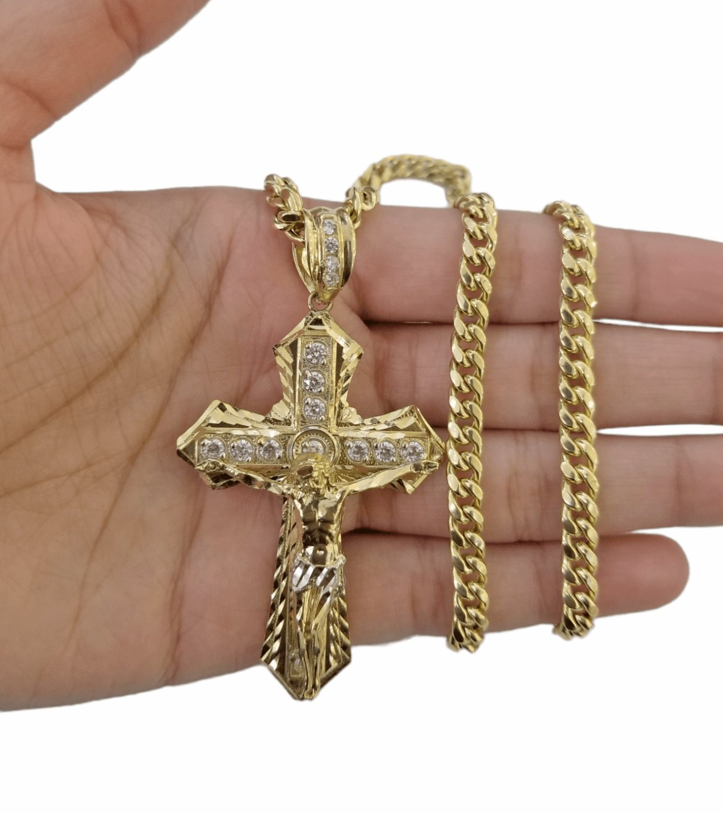 10K Yellow Gold Jesus Cross Pendent 5mm 20" 22"24"26"28" Inch Miami Cuban Chain - Reva Jeweler