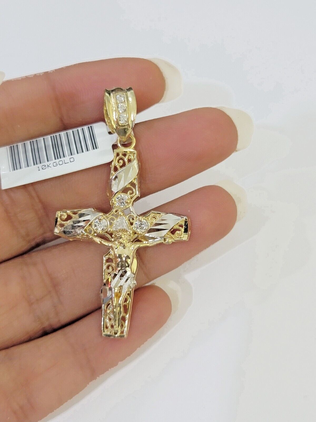 10k Yellow Gold Jesus Cross Spiral Charm pendant Diamond Cut Crucifix - Reva Jeweler