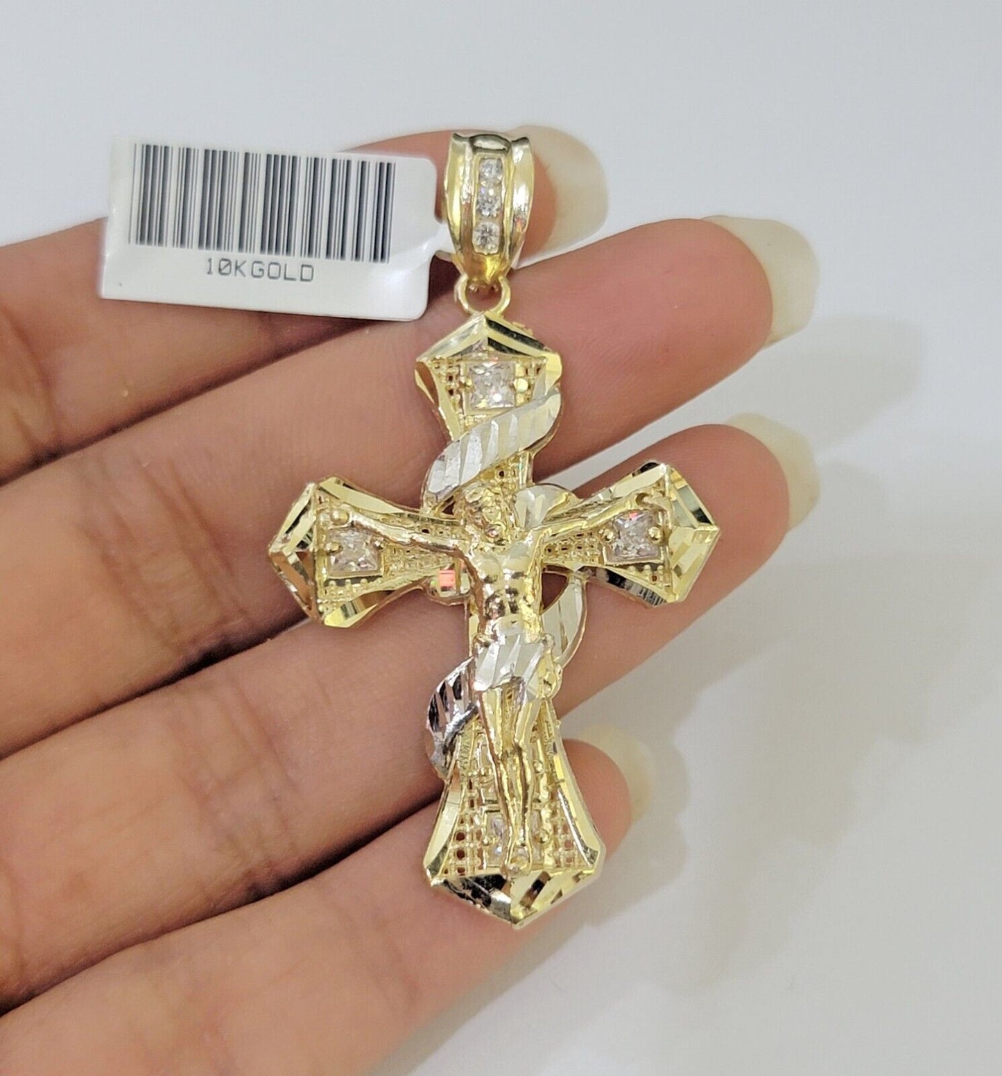 10k Yellow Gold Jesus Cross Spiral Charm pendant Diamond Cut Crucifix 2" - Reva Jeweler