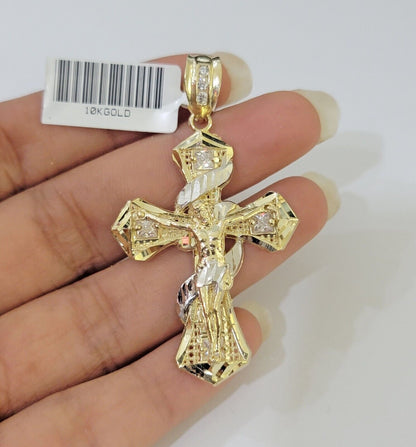 10k Yellow Gold Jesus Cross Spiral Charm pendant Diamond Cut Crucifix 2" - Reva Jeweler