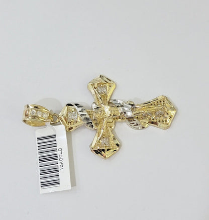 10k Yellow Gold Jesus Cross Spiral Charm pendant Diamond Cut Crucifix 2" - Reva Jeweler