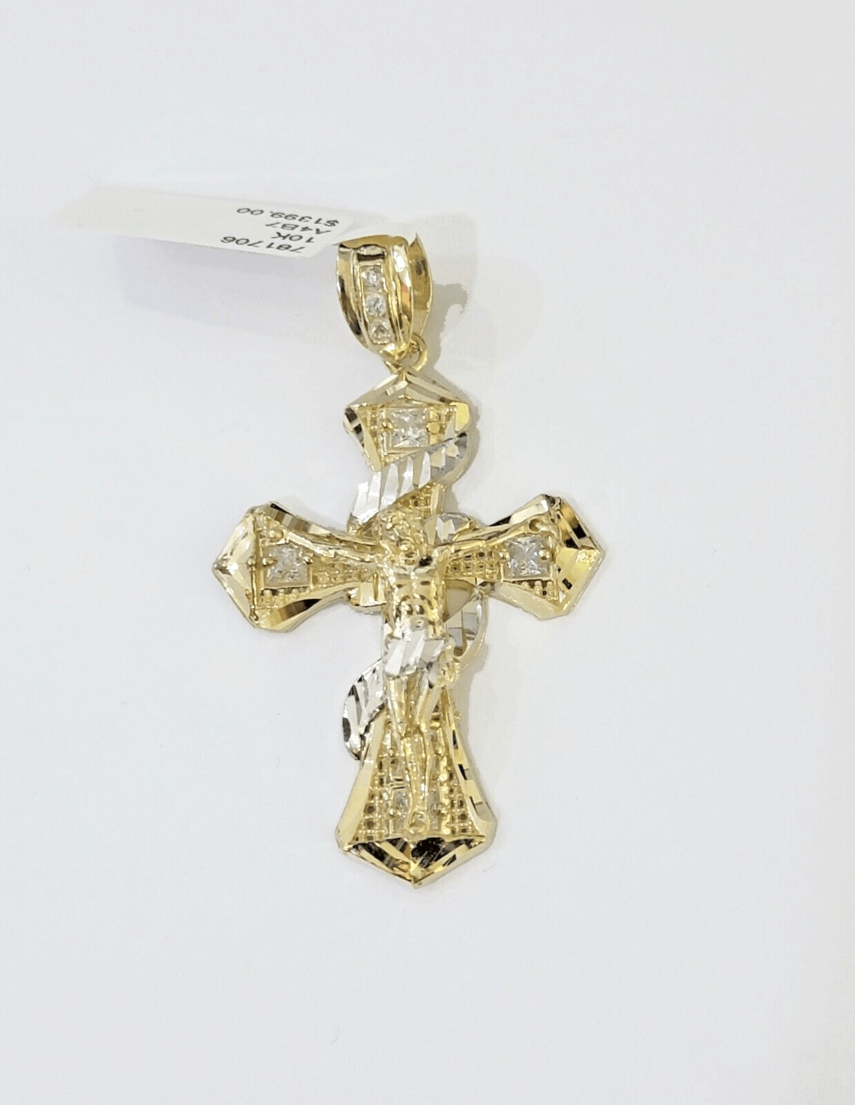 10k Yellow Gold Jesus Cross Spiral Charm pendant Diamond Cut Crucifix 2" - Reva Jeweler