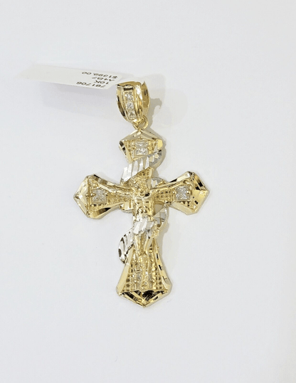 10k Yellow Gold Jesus Cross Spiral Charm pendant Diamond Cut Crucifix 2" - Reva Jeweler