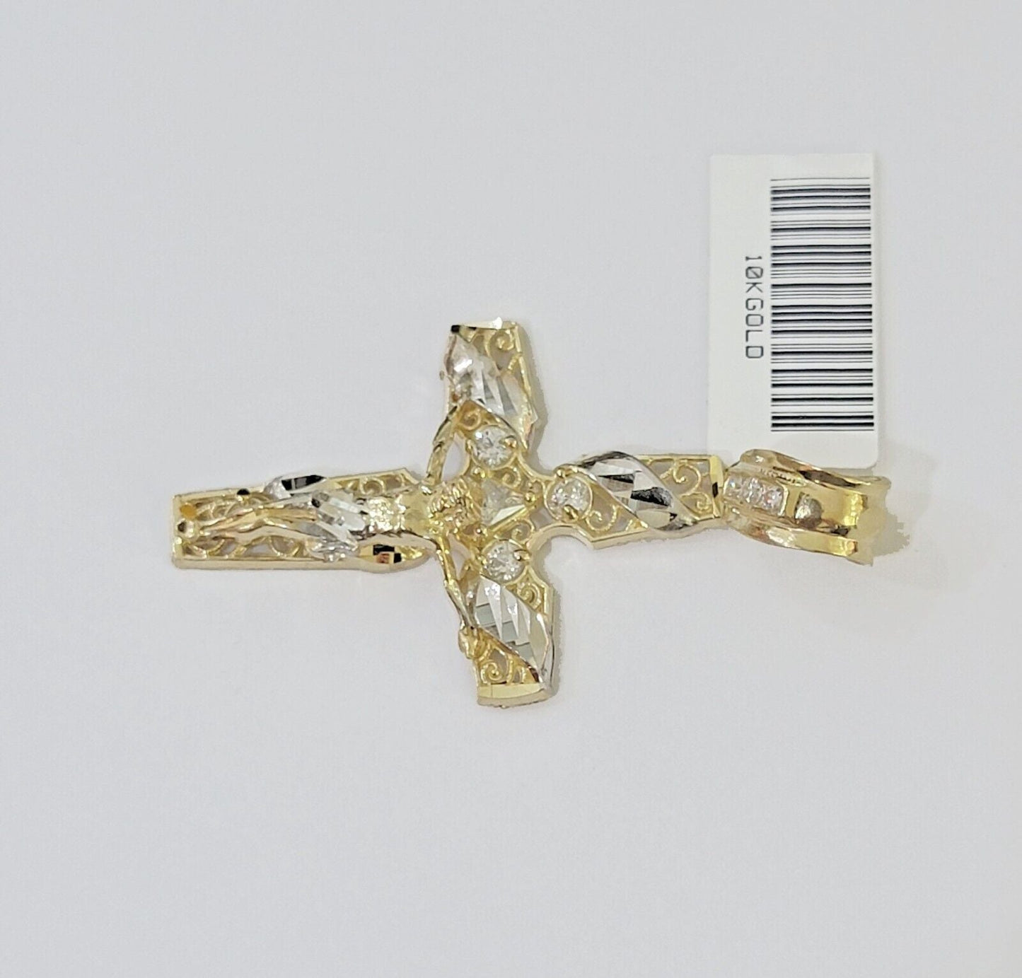 10k Yellow Gold Jesus Cross Spiral Charm pendant Diamond Cut Crucifix - Reva Jeweler
