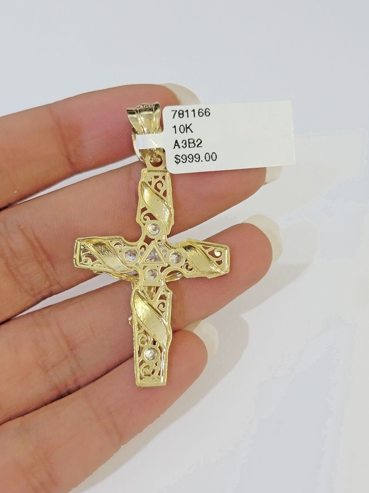 10k Yellow Gold Jesus Cross Spiral Charm pendant Diamond Cut Crucifix - Reva Jeweler