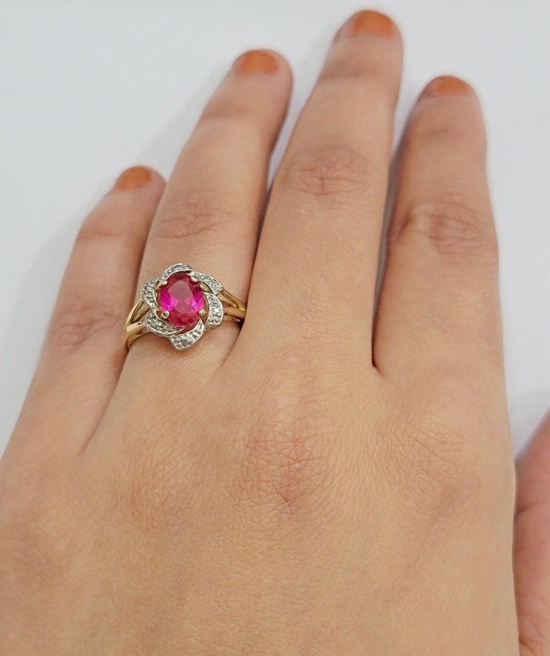 10k Yellow Gold Ladies Ruby Red Ring Women's Casual Band Real 10kt Flower Design - Reva Jeweler
