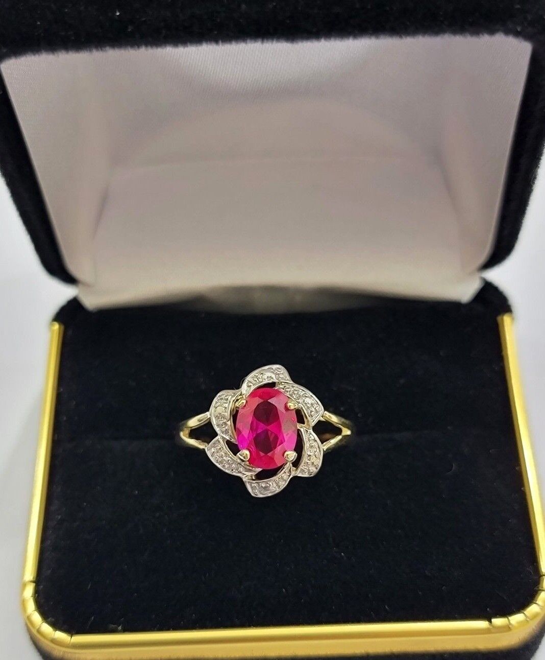 10k Yellow Gold Ladies Ruby Red Ring Women's Casual Band Real 10kt Flower Design - Reva Jeweler