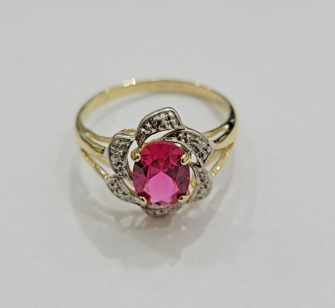 10k Yellow Gold Ladies Ruby Red Ring Women's Casual Band Real 10kt Flower Design - Reva Jeweler