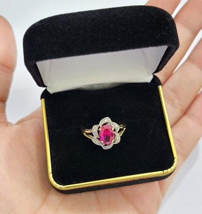 10k Yellow Gold Ladies Ruby Red Ring Women's Casual Band Real 10kt Flower Design - Reva Jeweler