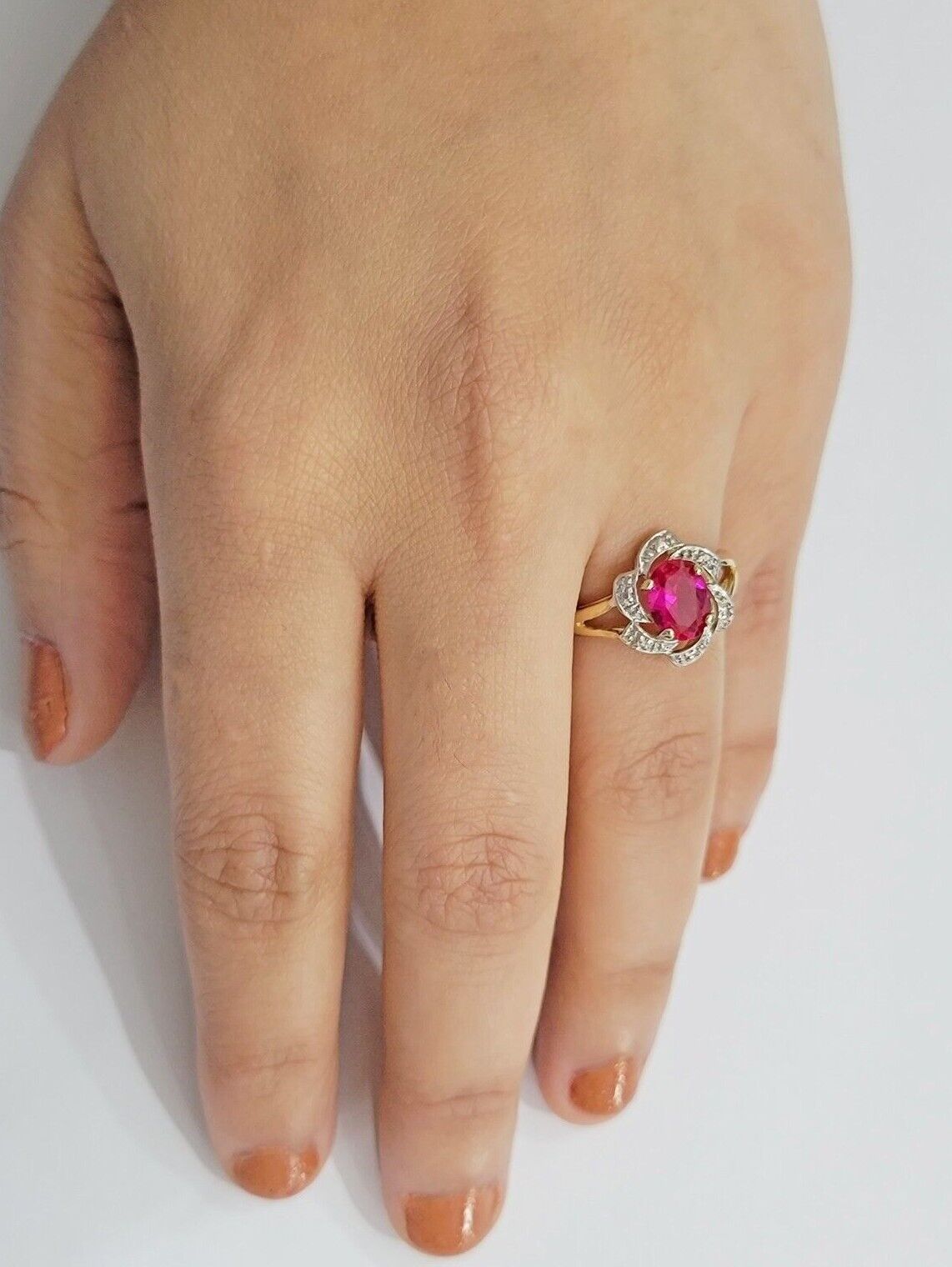 10k Yellow Gold Ladies Ruby Red Ring Women's Casual Band Real 10kt Flower Design - Reva Jeweler