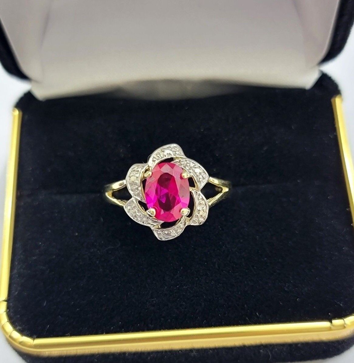 10k Yellow Gold Ladies Ruby Red Ring Women's Casual Band Real 10kt Flower Design - Reva Jeweler