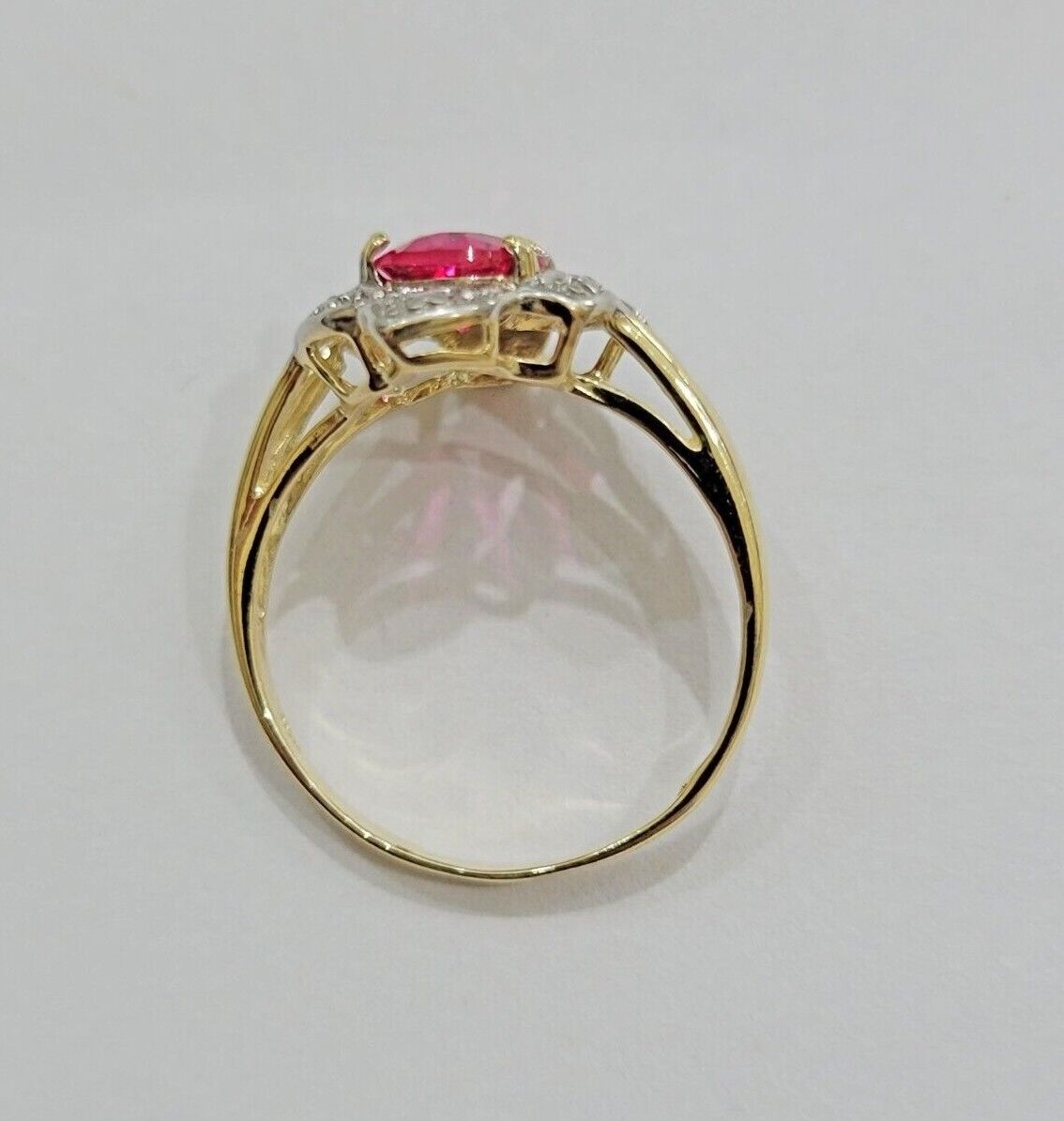 10k Yellow Gold Ladies Ruby Red Ring Women's Casual Band Real 10kt Flower Design - Reva Jeweler