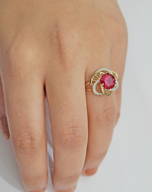 10k Yellow Gold Ladies Ruby Red Ring Womens Casual Band SALE Real 10kt Brand New - Reva Jeweler