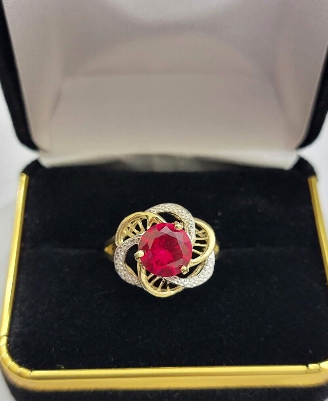 10k Yellow Gold Ladies Ruby Red Ring Womens Casual Band SALE Real 10kt Brand New - Reva Jeweler