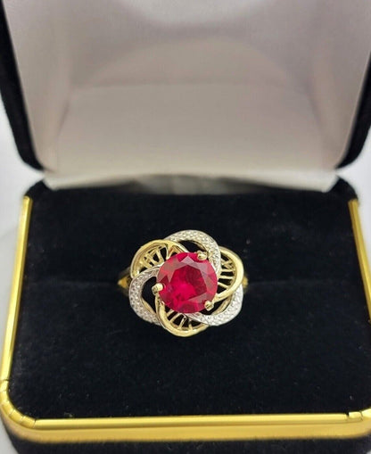 10k Yellow Gold Ladies Ruby Red Ring Womens Casual Band SALE Real 10kt Brand New - Reva Jeweler