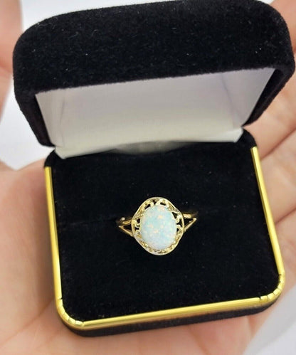 10k Yellow Gold Ladies White Opal Ring For Women Casual Band SALE Real Brand New - Reva Jeweler