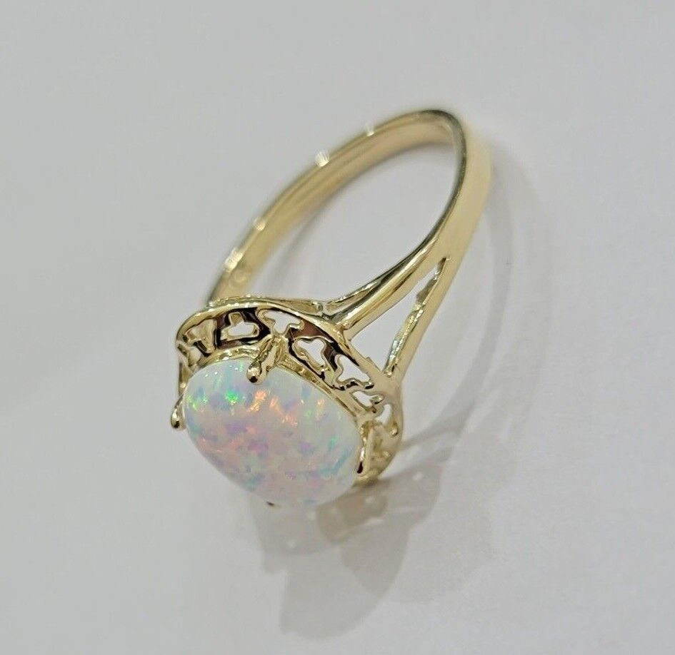 10k Yellow Gold Ladies White Opal Ring For Women Casual Band SALE Real Brand New - Reva Jeweler