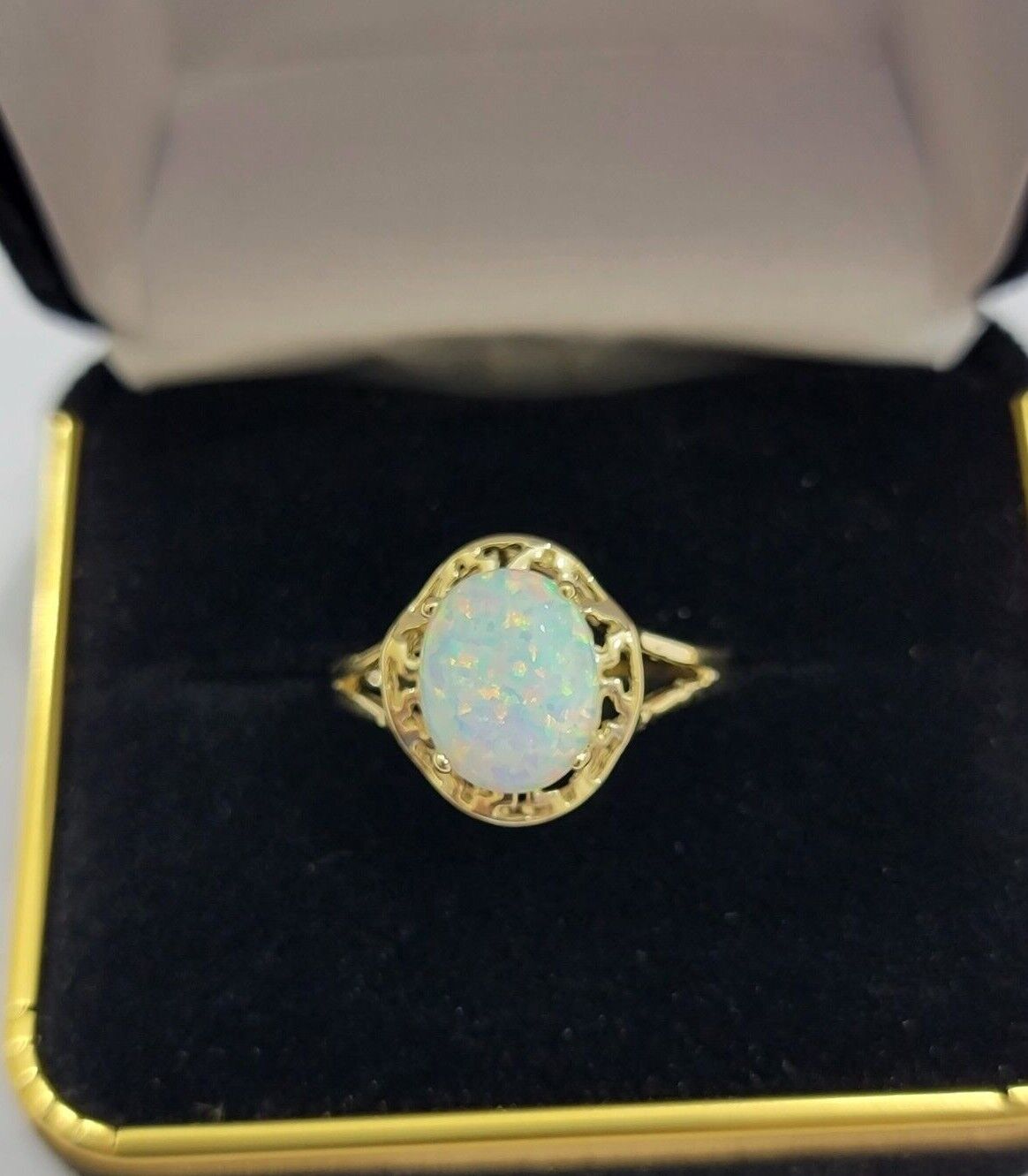 10k Yellow Gold Ladies White Opal Ring For Women Casual Band SALE Real Brand New - Reva Jeweler